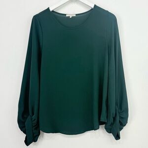 Pleione Green Puff Sleeve Flowy Pullover Holiday Blouse